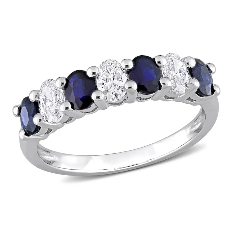 Miadora Oval Sapphire and 1/2ct TDW Diamond Semi-Eternity Anniversary Band in 14k White Gold
