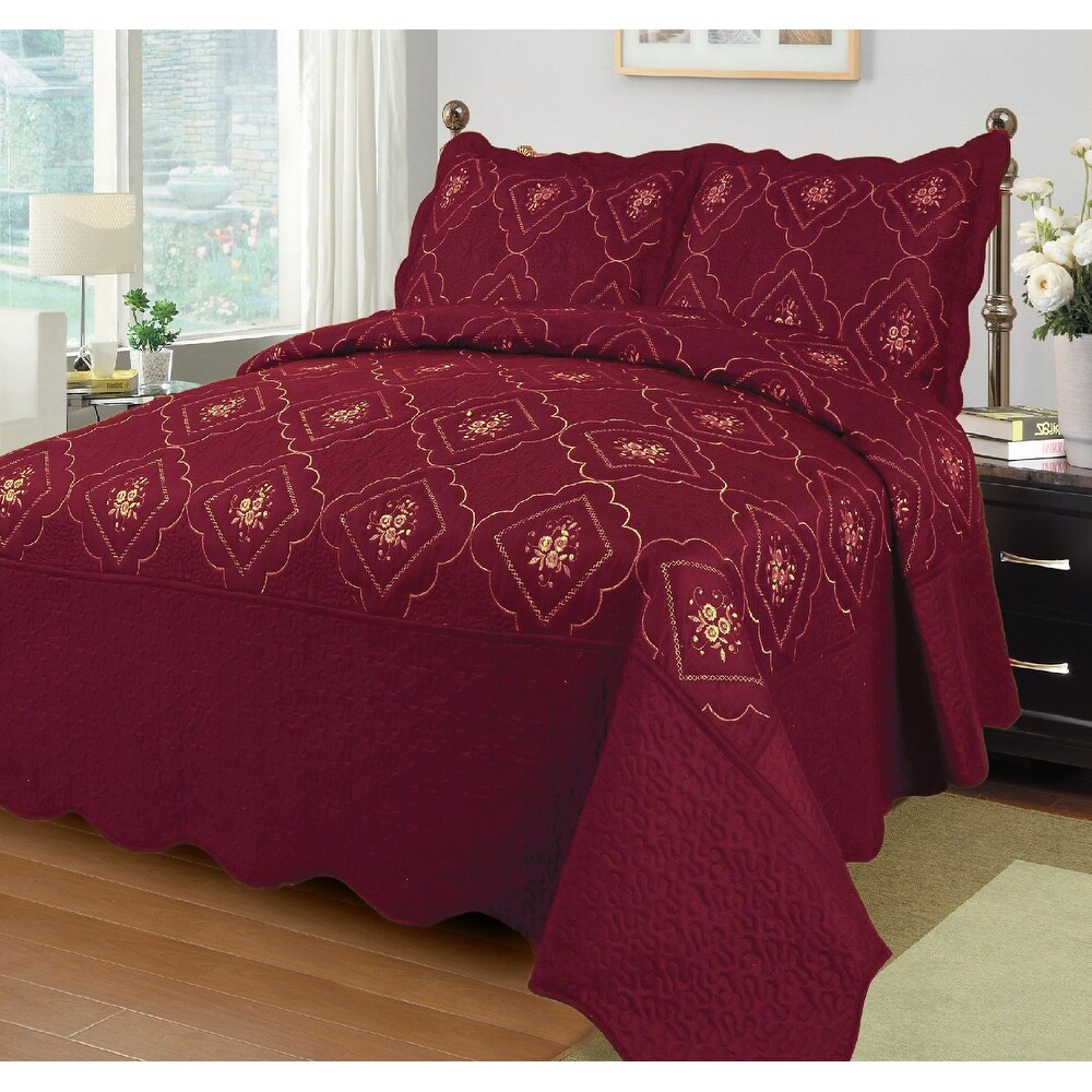 White Dark Red Floral Embroidery 3pc Quilt Coverlet Set Twin Full Queen King Bed 