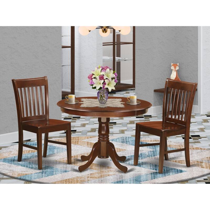 East West Furniture 3 Piece Dining Table Set- a Round Dining Table with Pedestal and 2 Chairs, Mahogany(Seat Type Options)