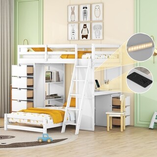 Twin over Twin Bunk Bed with All-in-One Desk and 8 Drawers & 3-tier Shelf, LED Light, USB Ports Multi-Functional Loft Bed, White