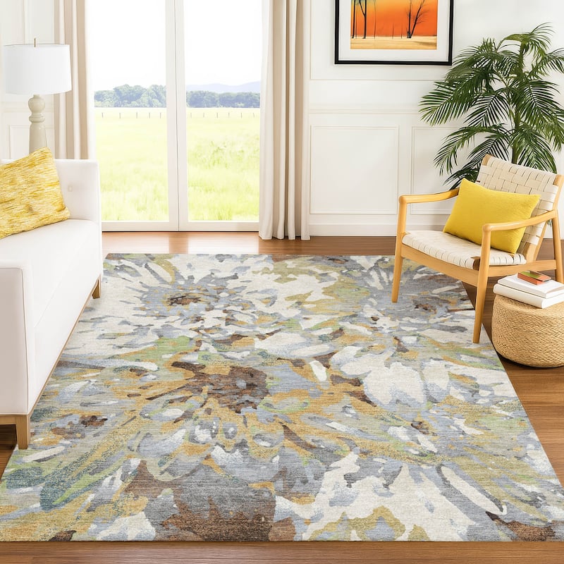 Machine Washable Indoor/ Outdoor Abstract Floral Chantille Rug