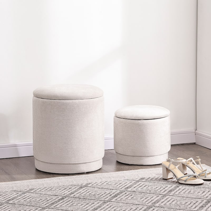 Adeco 2-Piece Round Fabric Storage Ottoman Set with Removable Lids - Beige