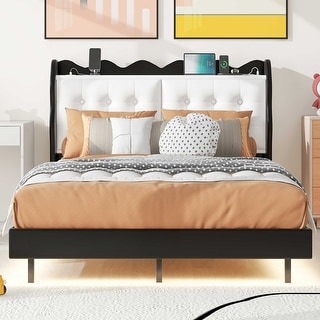 Full Size Platform Bed with LED Light Strips and Headboard Storage Space