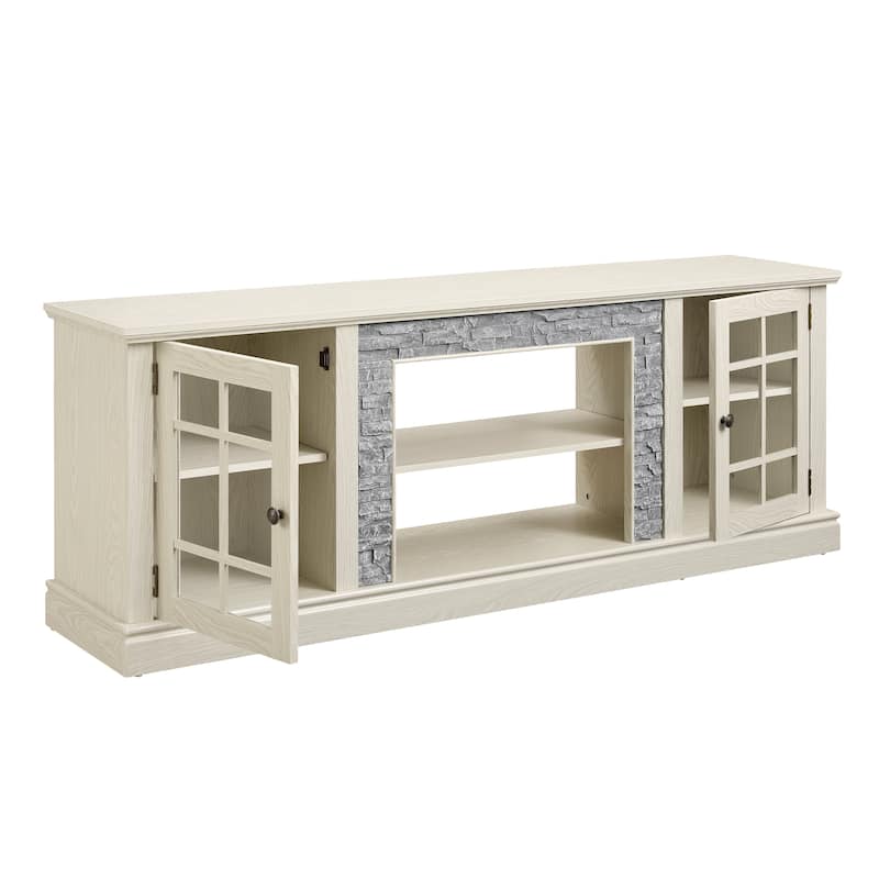 GDFStudio Alice Wood 70" TV Stand with Faux Stone Surround and 2 Door Storage