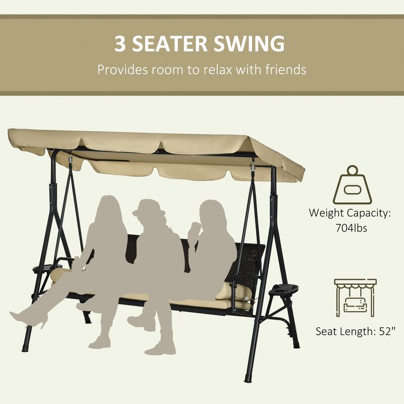 86.50 in. 3-Person Beige Metal Outdoor Patio Swing with Removable Cushion