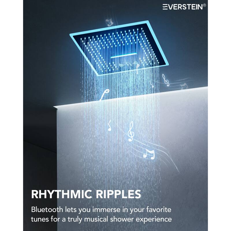 Thermostatic Music Shower System Dual Heads 16" & 6" Rainfall Waterfall LED Shower Head with High Pressure Handheld Spray