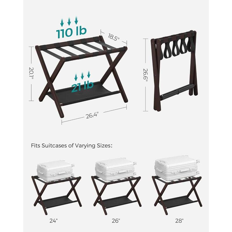 Wood Luggage Rack with Shelf Foldable Suitcase Stand with Nylon Straps for Guest Room or Hotel