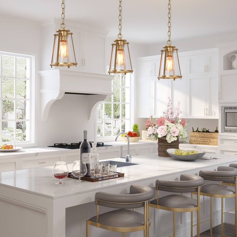 Modern 1-Light Gold Lantern Glass Pendant Light for Kitchen Island Nook