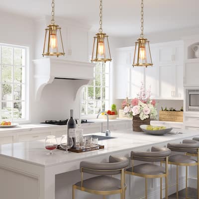 Mid-Century Modern 1-Light Gold Lantern Glass Pendant Lights for Kitchen Island