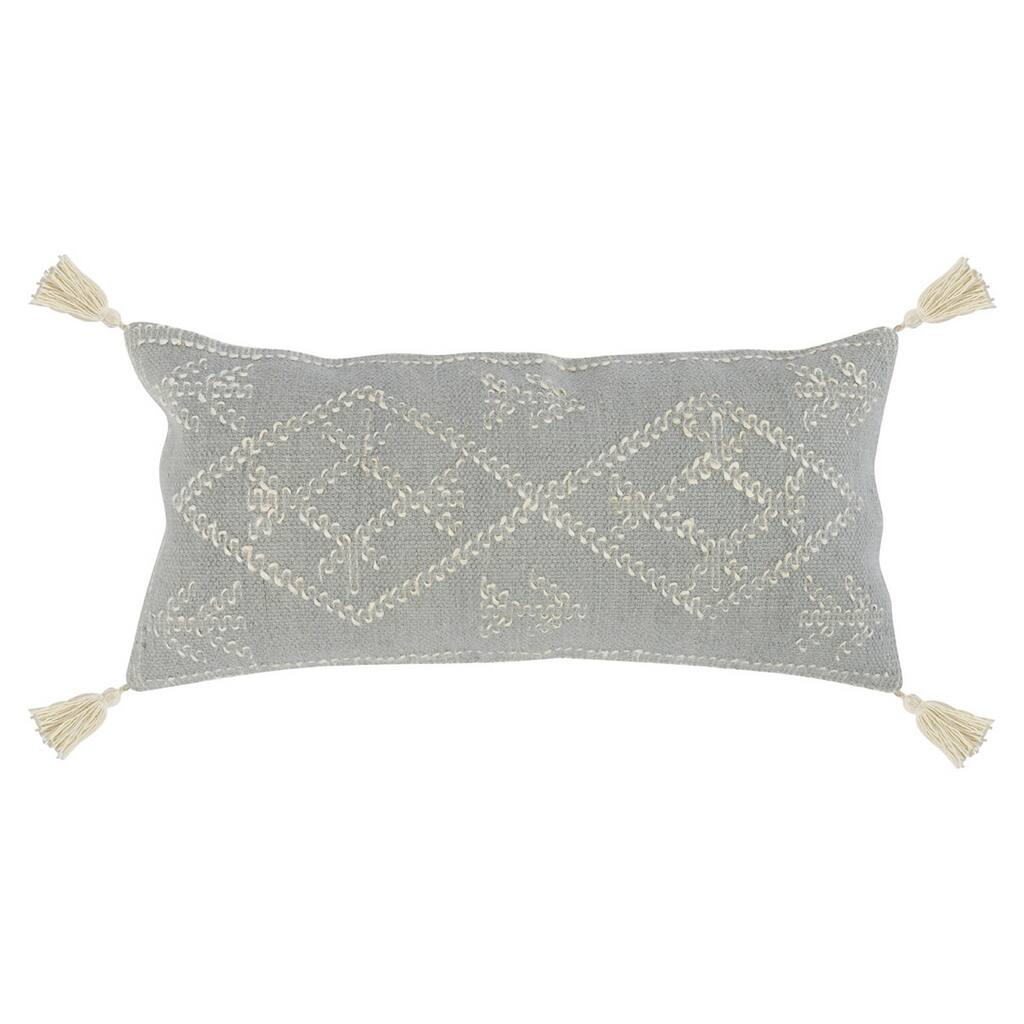 16 x 36 Lumbar Accent Throw Pillow, Diamond Patterns, Tassels, Gray, Ivory