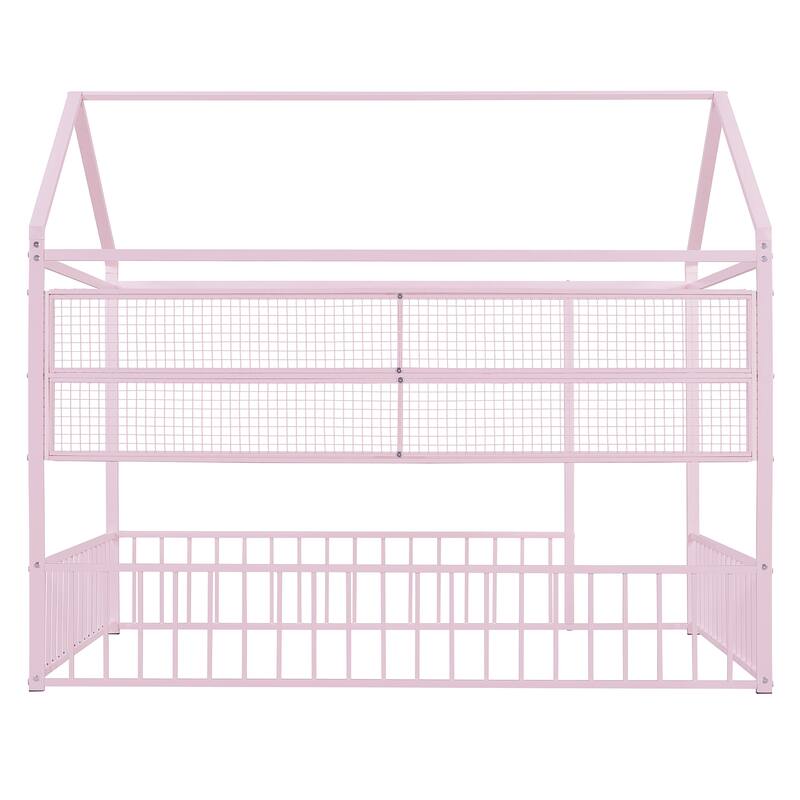 Full Size Metal House Bed Frame with Built-In Grid Shelves, Playful Canopy Design and Space-Saving Storage