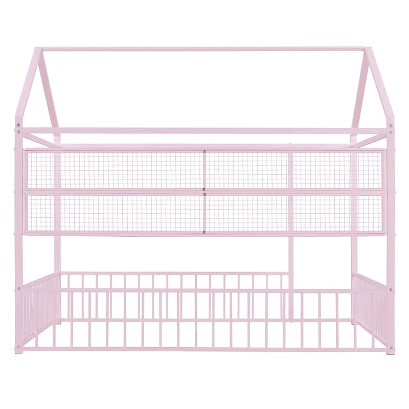 Metal House Bed Frame Kids Montessori Bed Floor Bed with Fence and Shelves for Kids Girls Boys