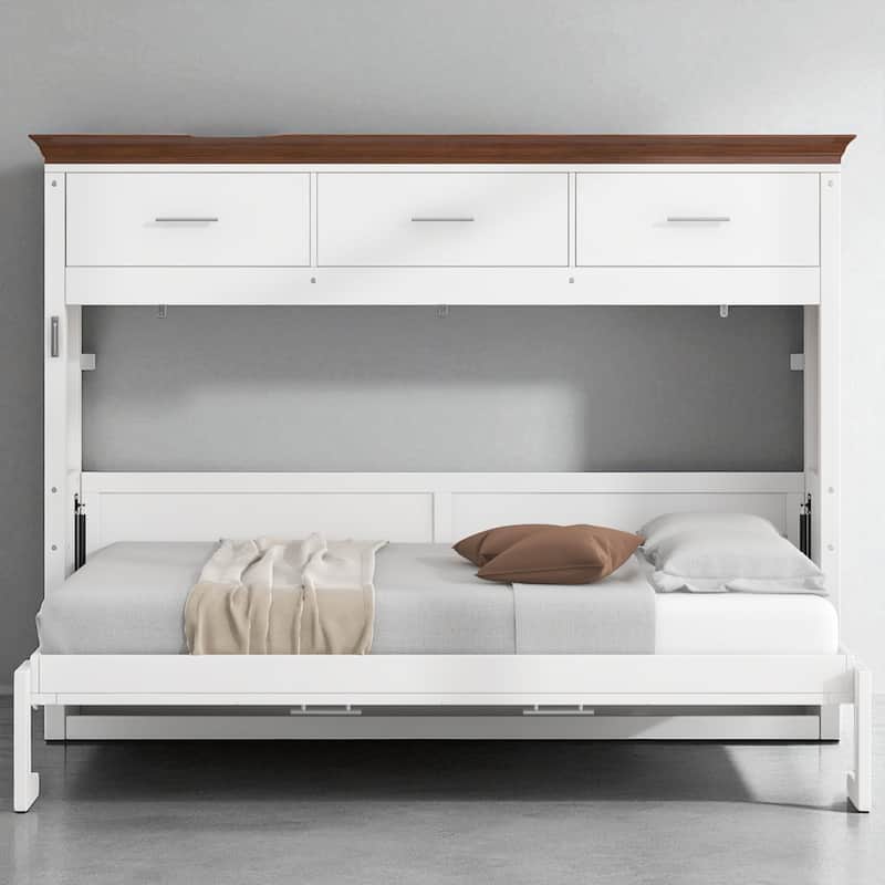 Twin Size Murphy Bed with Storage Cabinet and 3 Drawers, Foldable Wall Bed Frame No Box Spring Needed