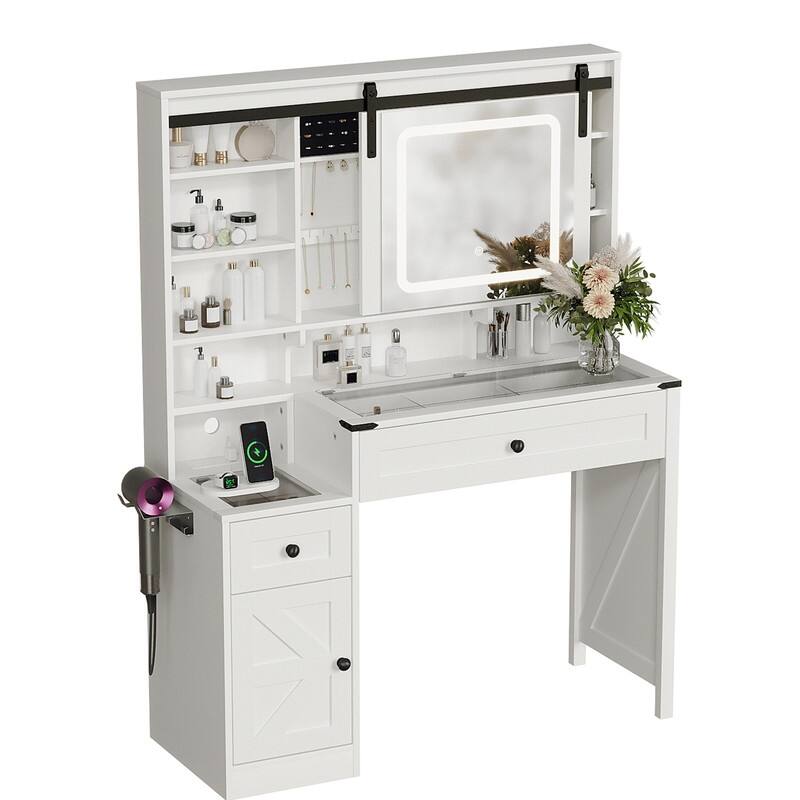 Particle Board, Melamine Veneer, 2 Drawers and 1 Door, Glass Desktop, Barn Door Style Dressing Table - N/A - White
