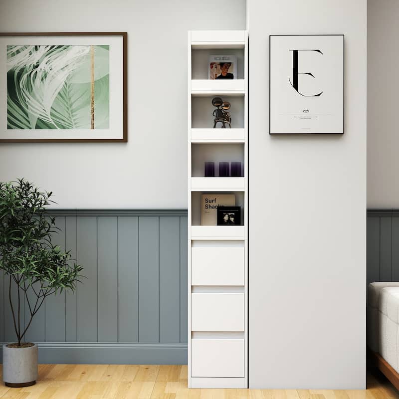 70.87" H Display Storage Cabinet , 4-Tier Shelf, 3 Side Drawers & 4 small display shelves
