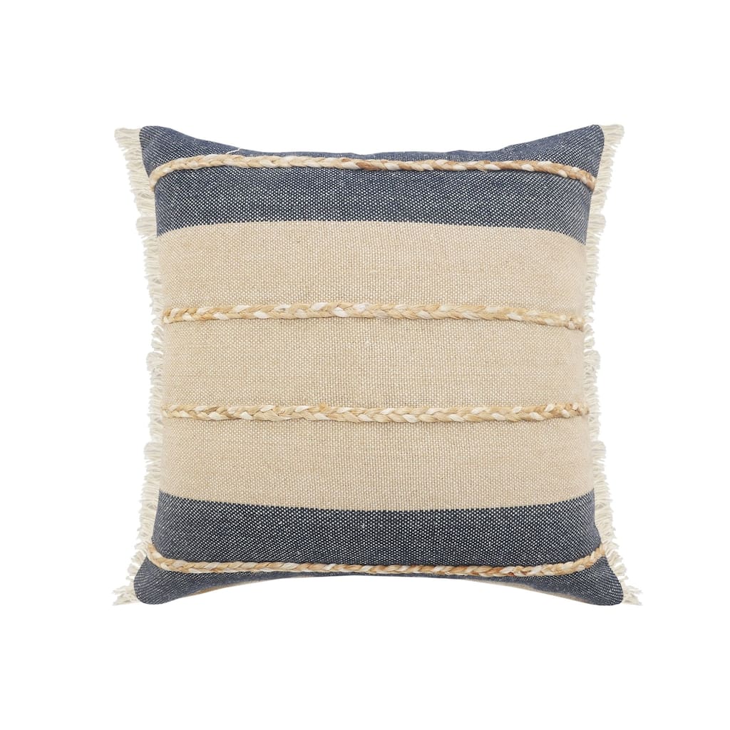 20" Tan and Blue Striped Square Throw Pillow with Jute Braiding