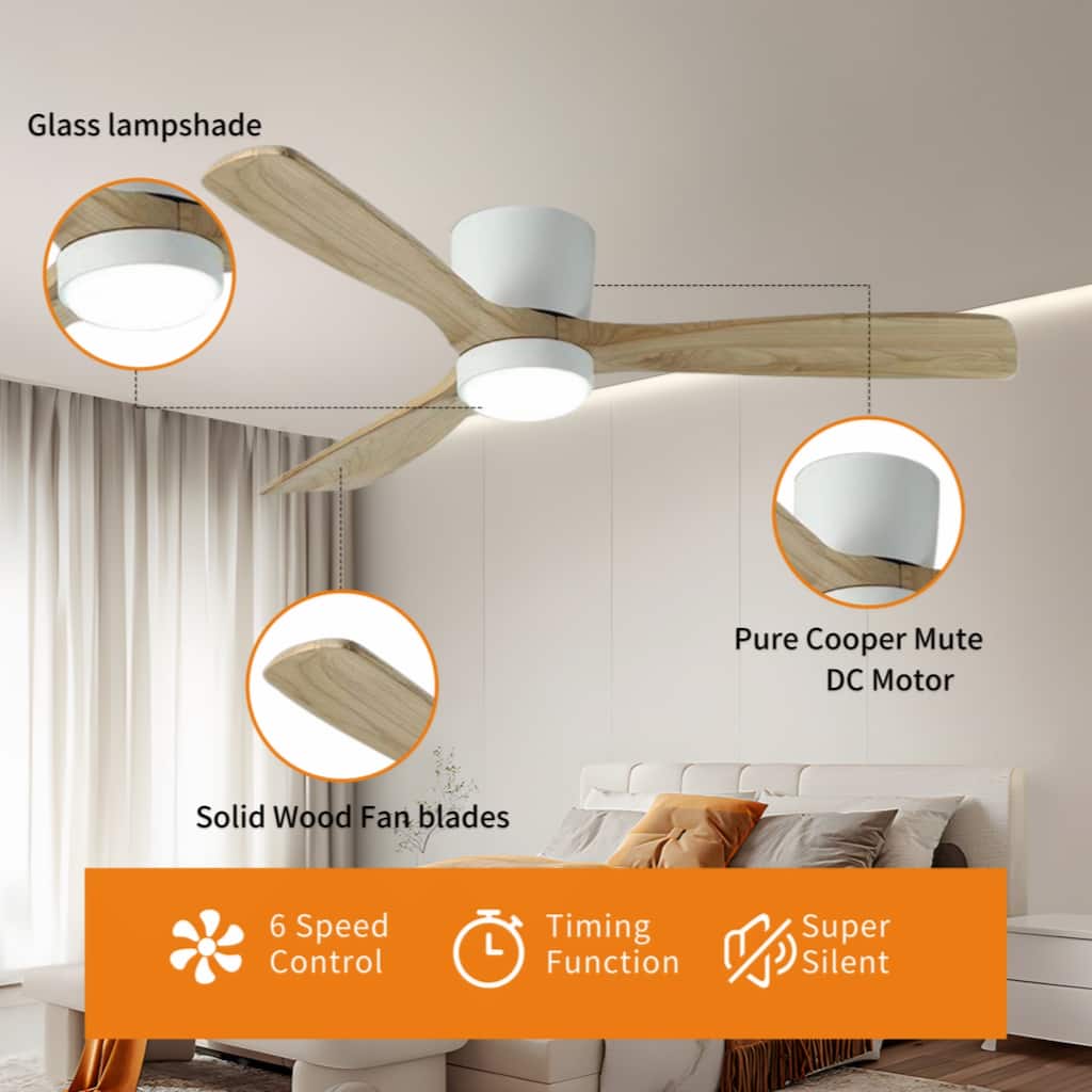 42 inch White Wood Ceiling Fans with Lights and Remote, Modern Flush Mount Low Profile Ceiling Fan with Light, 6 Speed