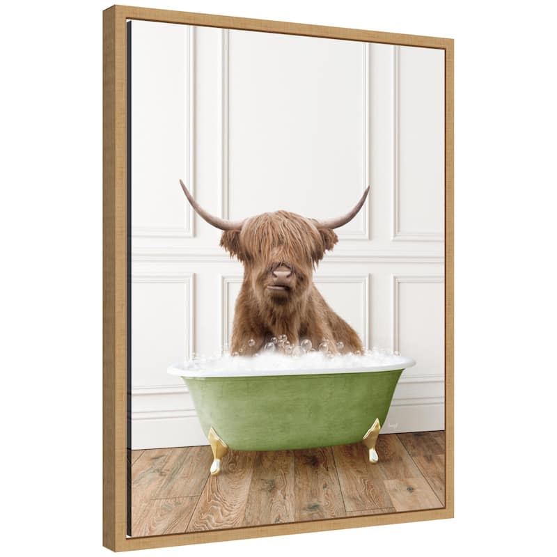Kate and Laurel Sylvie Highland Cow in Transitional Bathtub Framed Canvas by Amy Peterson - Natural