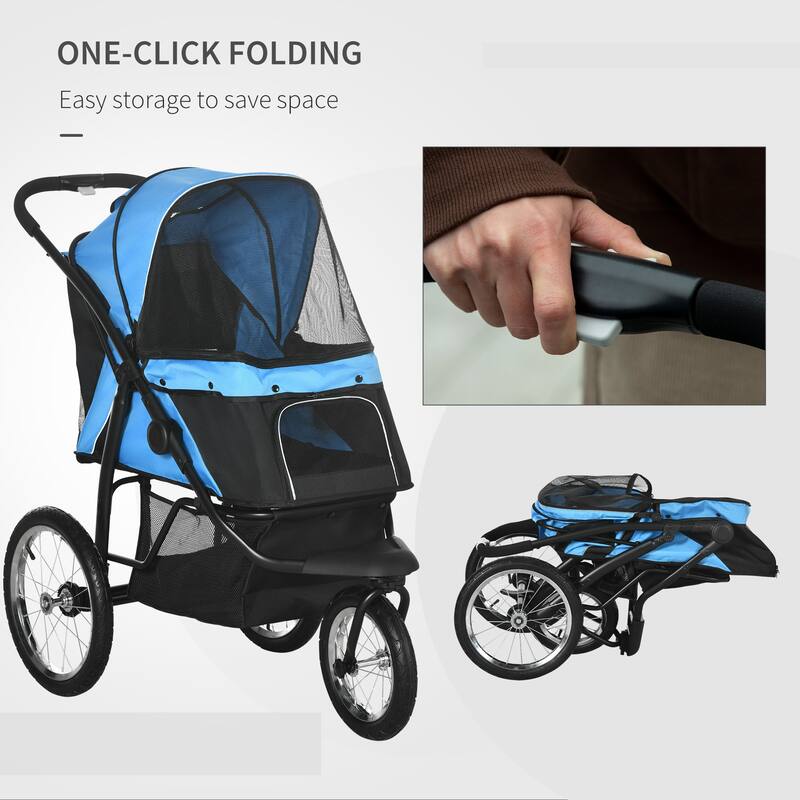 PawHut Pet Stroller for Small and Medium Dogs, 3 Big Wheels Foldable Cat Stroller with Adjustable Canopy