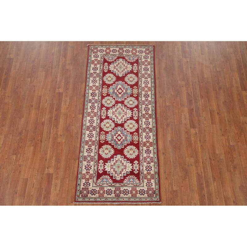 Hand Knotted Oriental 100% Wool Carpet Traditional Geometric Red Kazak Runner Rug - 6' 8'' X 2' 10''