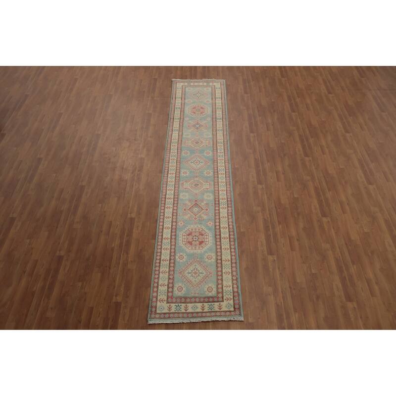 Hand Knotted Oriental 100% Wool Carpet Traditional Geometric Navy Blue & Blues Kazak Runner Rug - 13' 4'' X 2' 10''