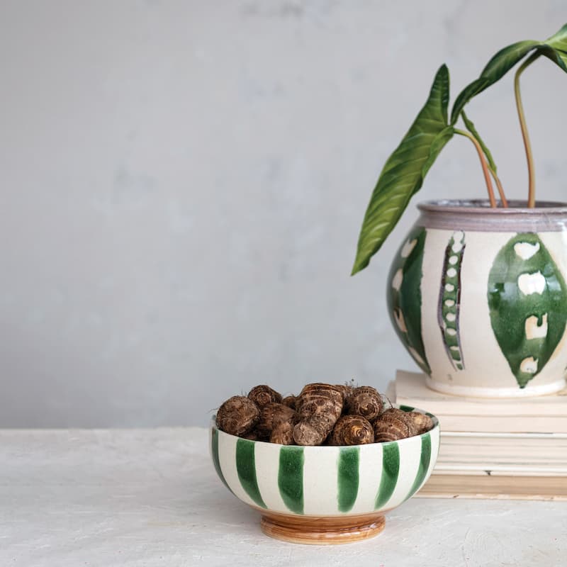 Hand-Painted Stoneware Footed Bowl with Stripes - 10.4"L x 10.4"W x 4.9"H - 10.4"L x 10.4"W x 4.9"H