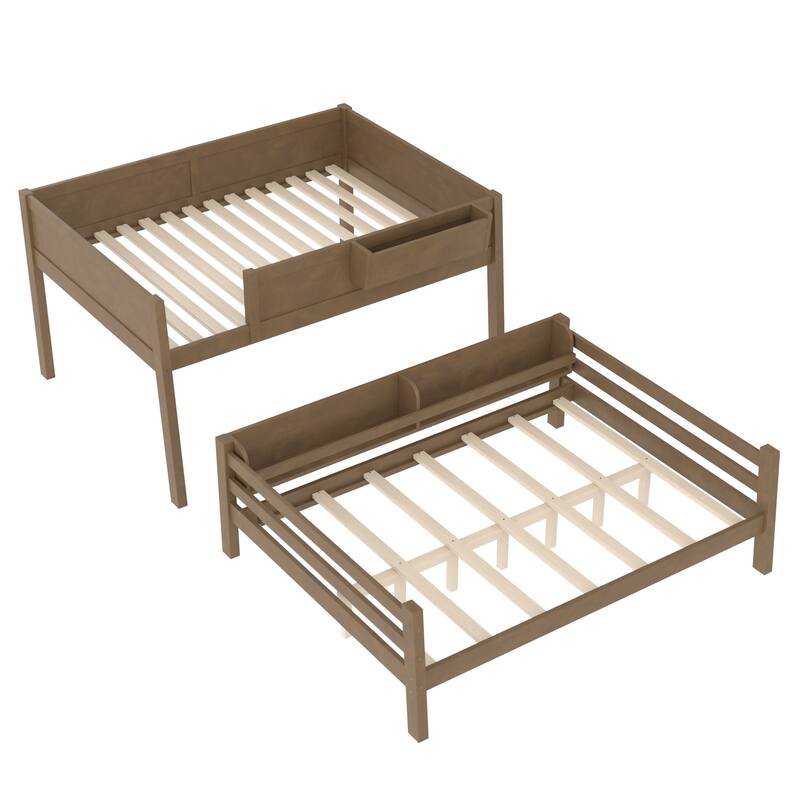 Full Bunk Bed With Storage Shelf and Bookshelf,Wood Bunk Bed with Ladder and Guardrails,Detachable Design