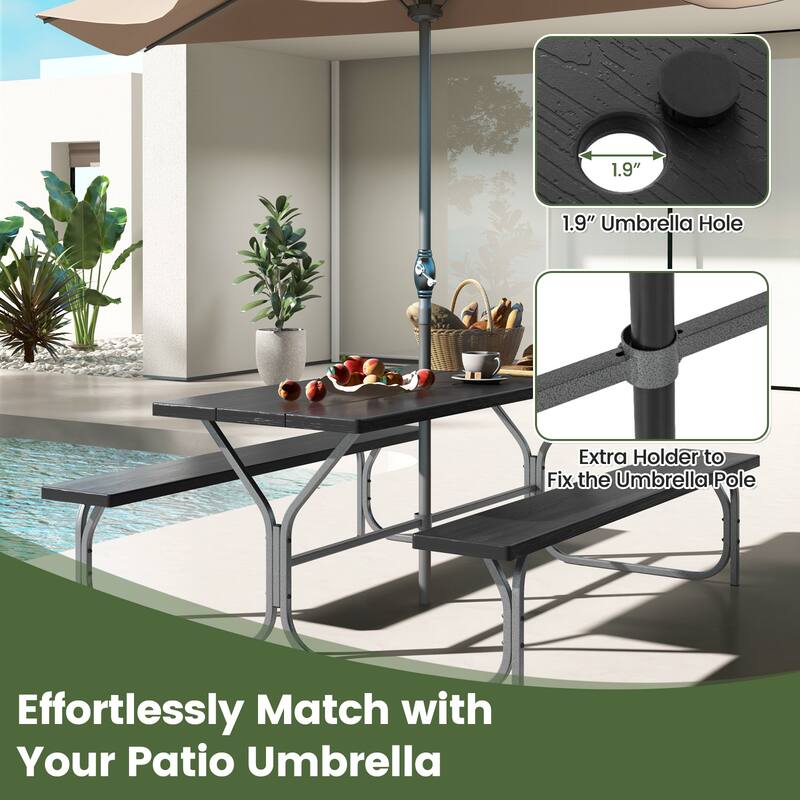 72 Inch 8-Person Outdoor Picnic Table and Bench Set with HDPE Wood-Texture Top and with Built-in Umbrella Hole