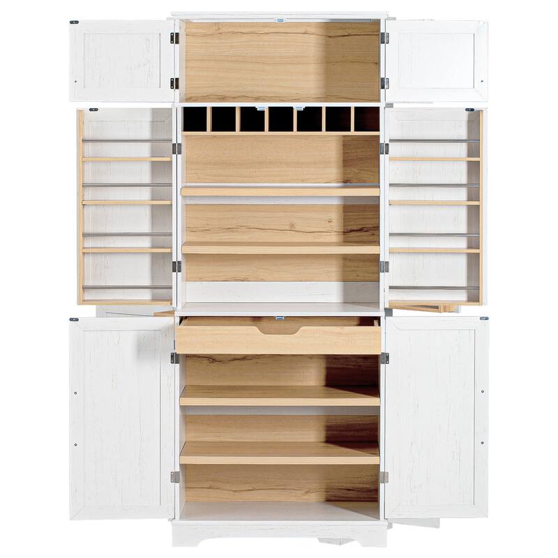 Roomfitters 78" Tall Farmhouse Kitchen Pantry Cabinet with 8 Door Shelves, Wine Rack & Hidden Drawer