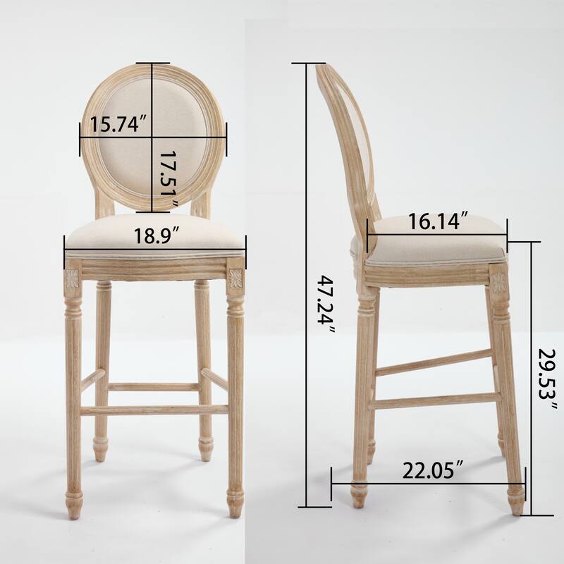 Anmytek French Country Solid Wood Barstools with Beige Upholstered Seating Set of 2
