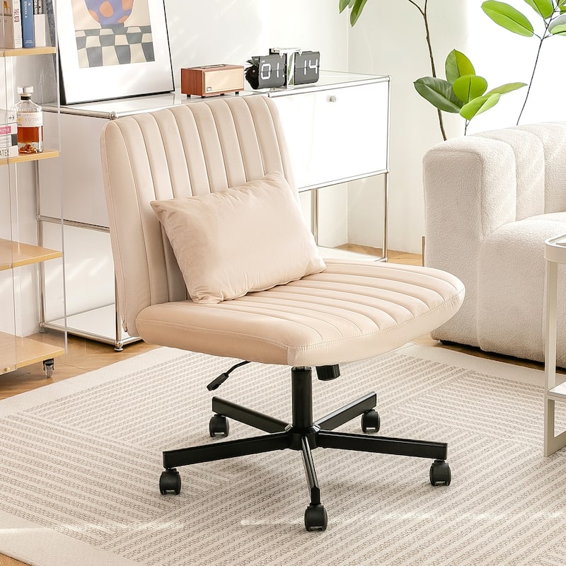Velvet Criss Cross Chair with Wheels, Ergonomic ​Home Office Chair, ​Adjustable Swivel Vanity Chair with Lumbar Pillow