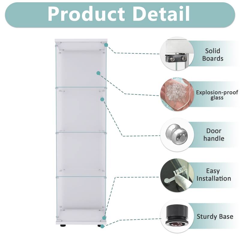 Glass Display Cabinet with Doors & Locks, Acrylic Shelves, Floor Standing Storage Showcase for Home or Office