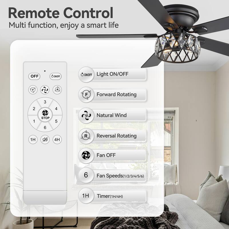 52 inch 5-Blade Flush Mount Crystal Ceiling Fan with Light Remote