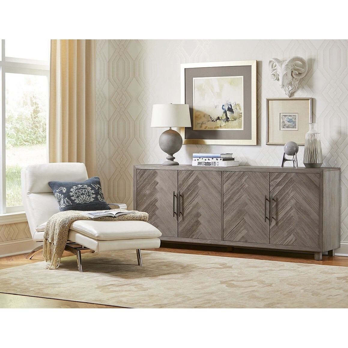 80" Four Door TV Console, Entertainment Stand, Wood Accent Cabinet, Fully Assembled, Gray - 80"W x 32"H x 16"D