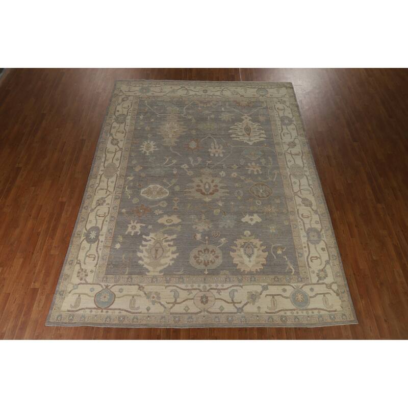 Hand Knotted Oriental 100% Wool Carpet Transitional All-Over Greys & Charcoal Oushak Area Rug - 12' 0'' X 9' 0''