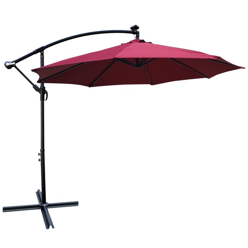 10 ft Solar Powered LED Patio Umbrella with Crank, Waterproof Canopy, and Cross Base for Outdoor Use