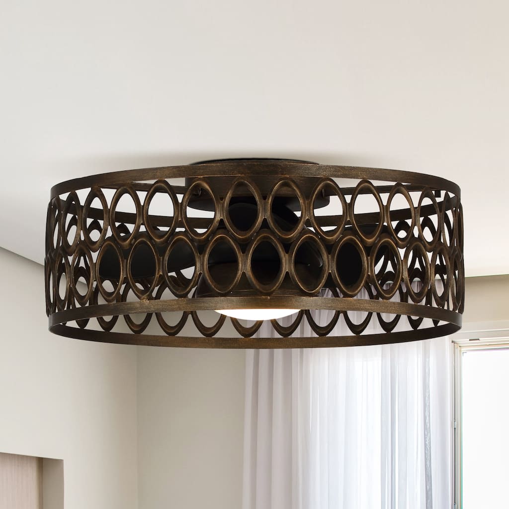 21" Antique Bronze Fandelier Caged Flush Mount Ceiling Fan with Remote - 21 in. D X 21 in. W X 8.1 in. H