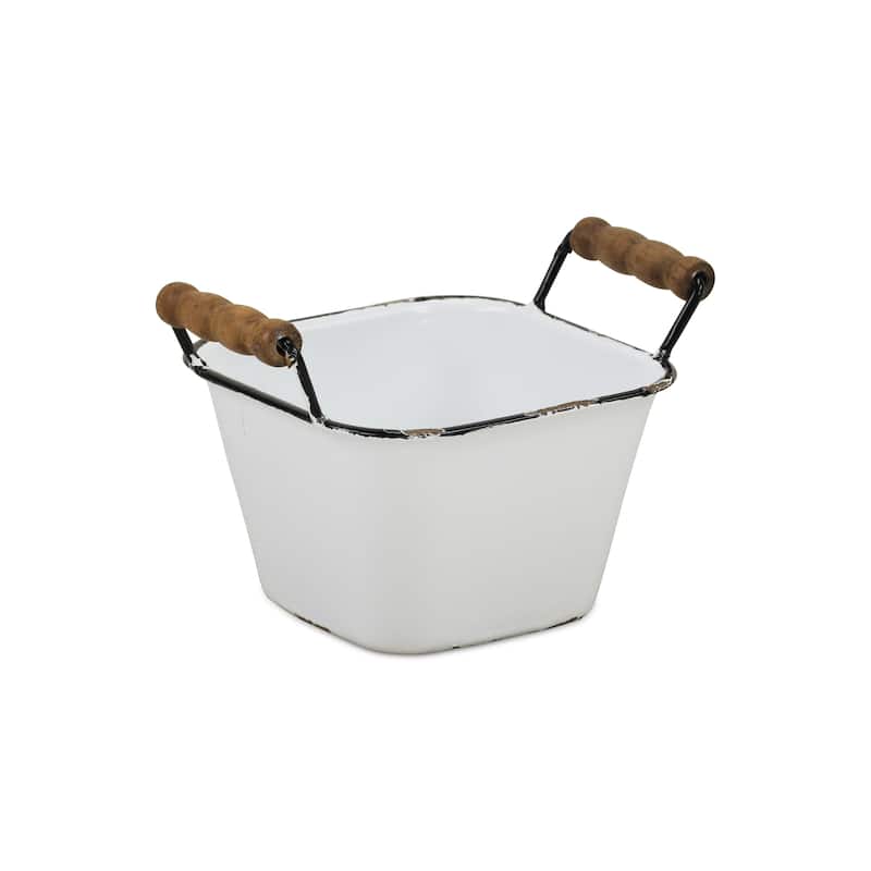 White Metal Lacquered Finish Storage with Side Wood Handles and Black Rim