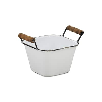 White Metal Lacquered Finish Storage with Side Wood Handles and Black Rim