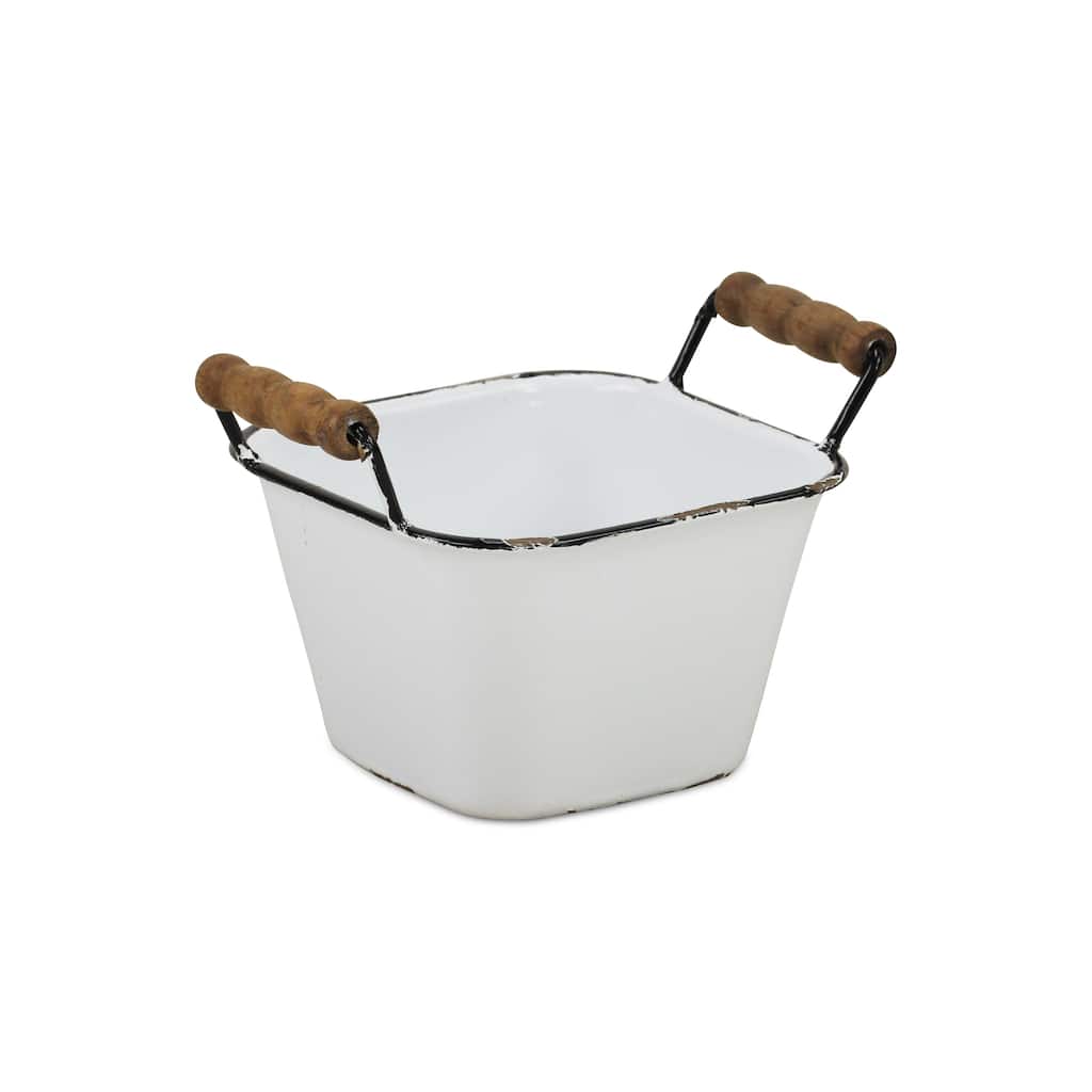 White Metal Lacquered Finish Storage with Side Wood Handles and Black Rim