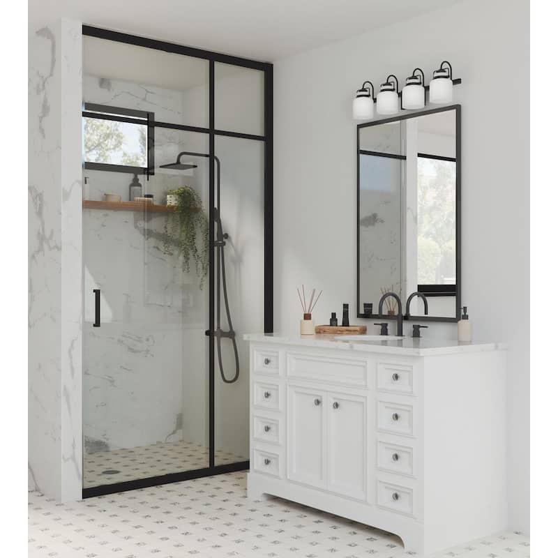 Fessler Collection Four-Light Matte Black Opal Glass Farmhouse Bath Light - 29.12 in x 7.12 in x 9.12 in