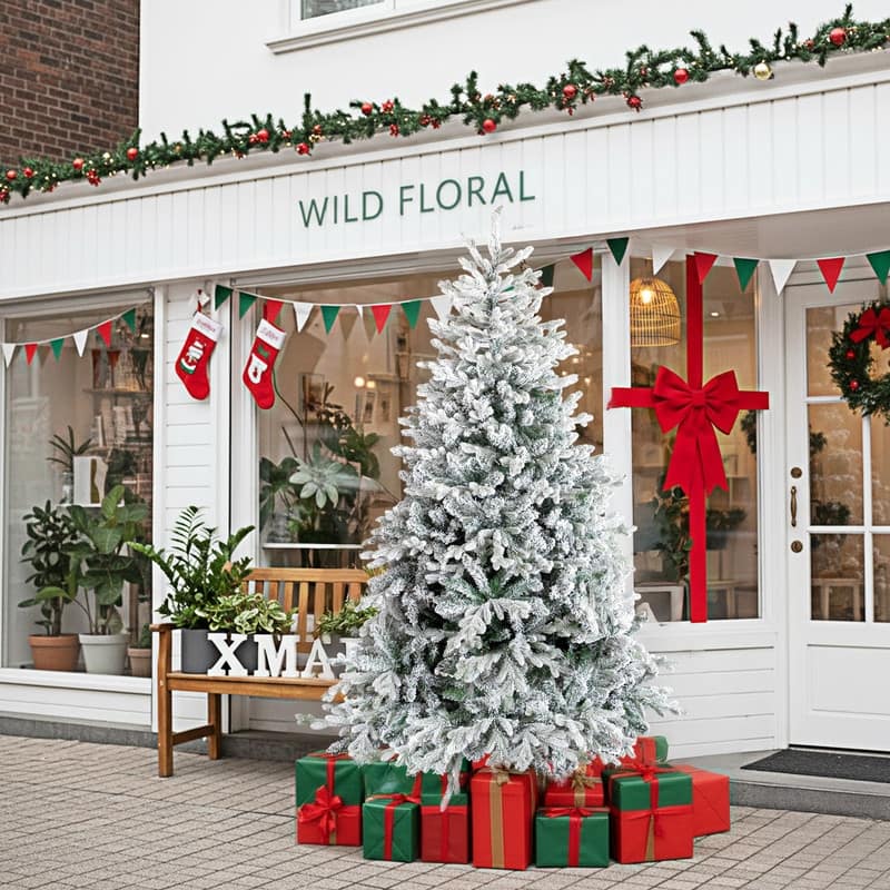 7 FT Pre-lit Snow Flocked Christmas Tree, Artificial Hinged Xmas Pine Tree for Holiday Party Office Home, Snowy Green