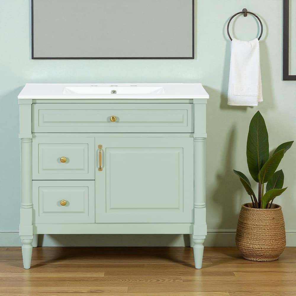 Modern 36-Inch Bathroom Vanity with Sink, Rubberwood and MDF Cabinet, Flip Drawer, Adjustable Shelf, and Storage Drawers