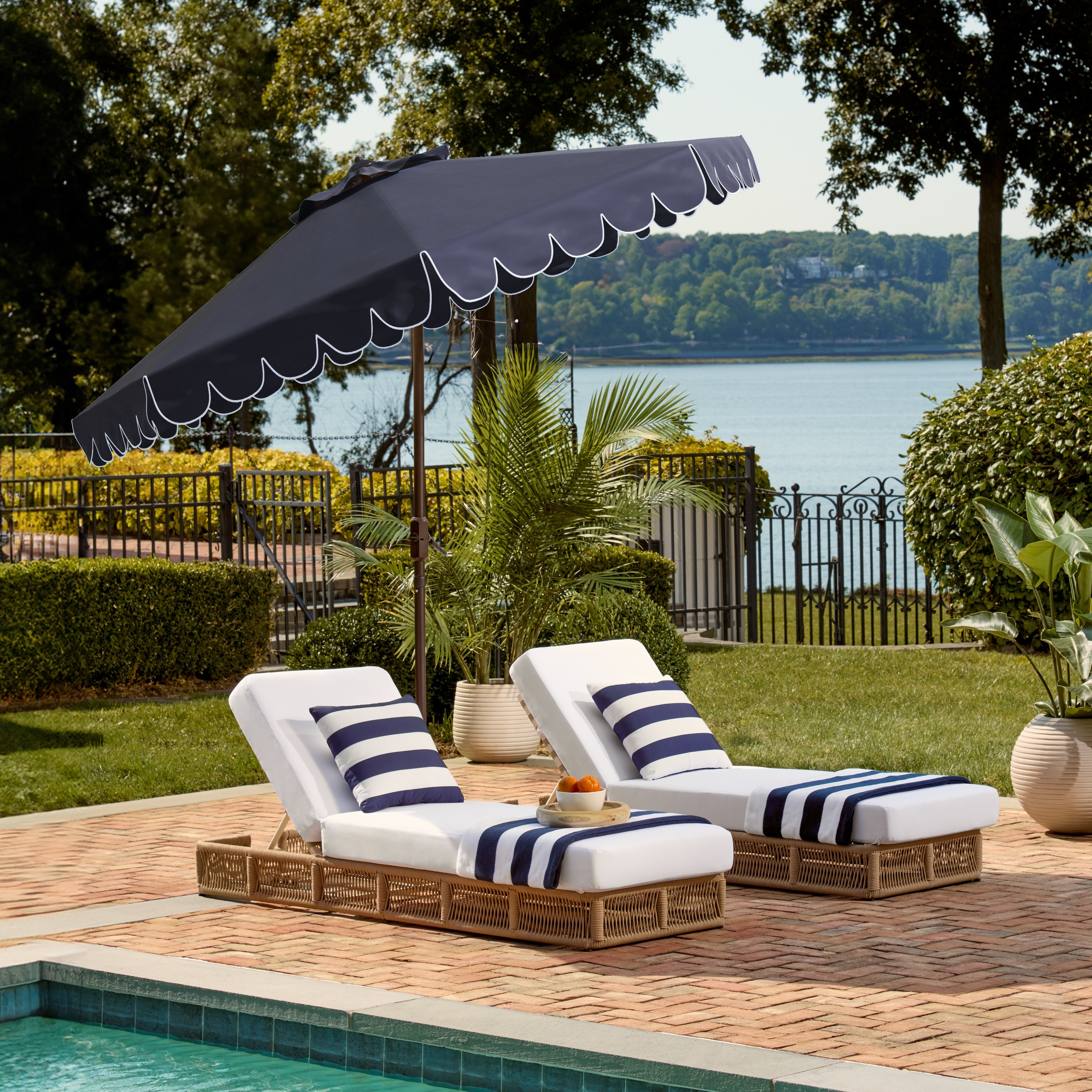 9 blue patio umbrella Foot Auto-Tilt Market Jockey Red coastal vibes to your backyard with this blue 9ft umbrella and weighted base At Home Awning Crank &