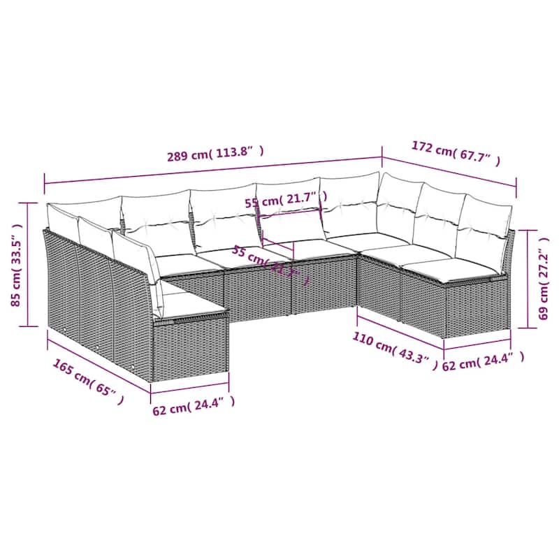 vidaXL Garden Sofa Set Grey PE Rattan Large Adjustable Feet - 24.4 x 24.4 x 27.2