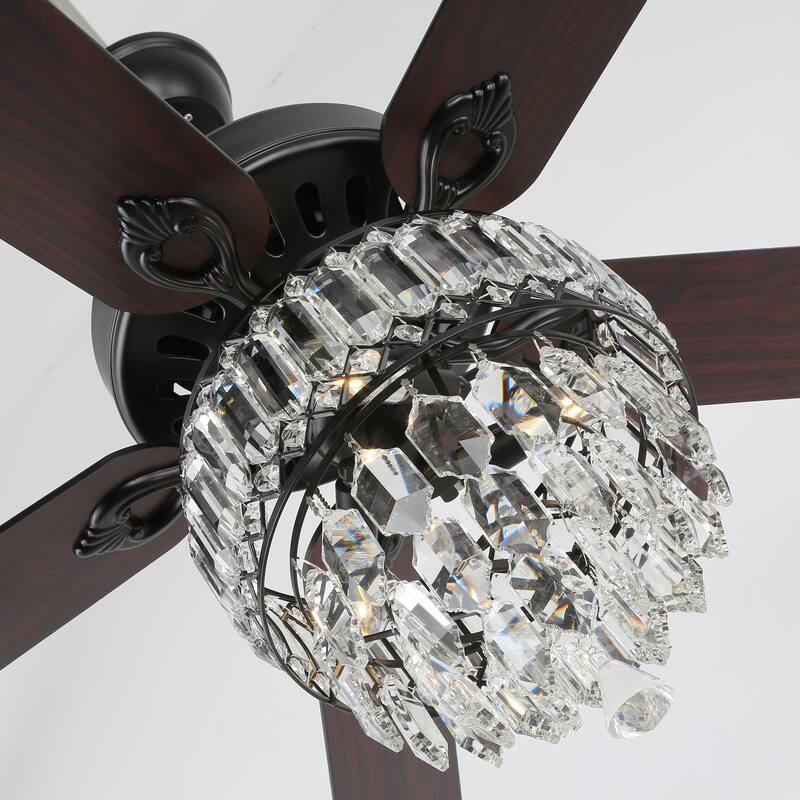 CurveCurio 52-inch Classic Ceiling Fan with Crystal Light Shade, 3 Light, Remote Control and Pull Chain Control for Living Room