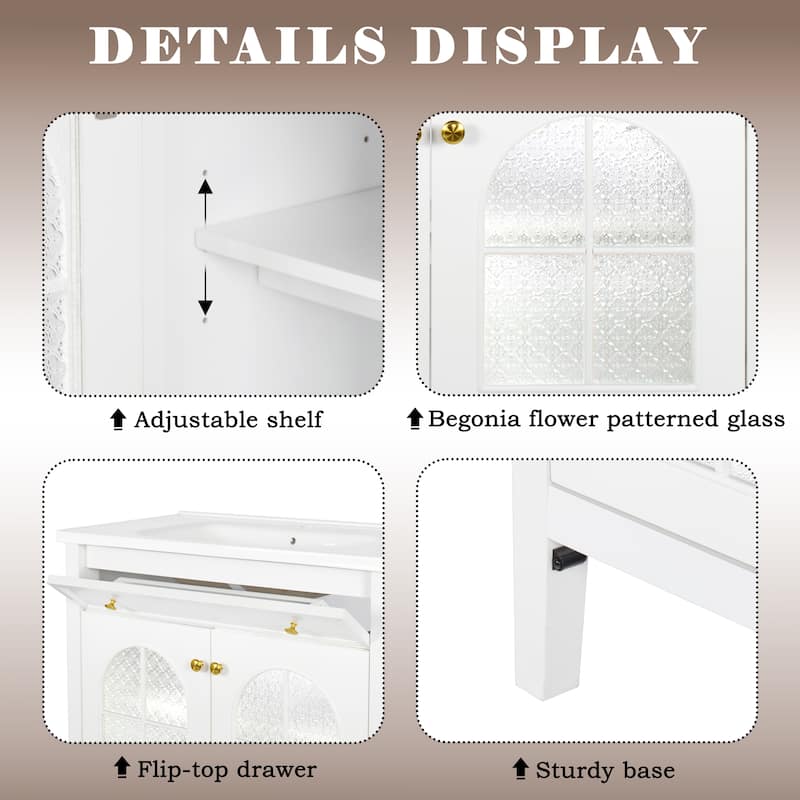 Modern Single Sink Bathroom Vanity Cabinet with Motion-sensor Light Strip & Patterned Glass, Ceramic Integrated Basin