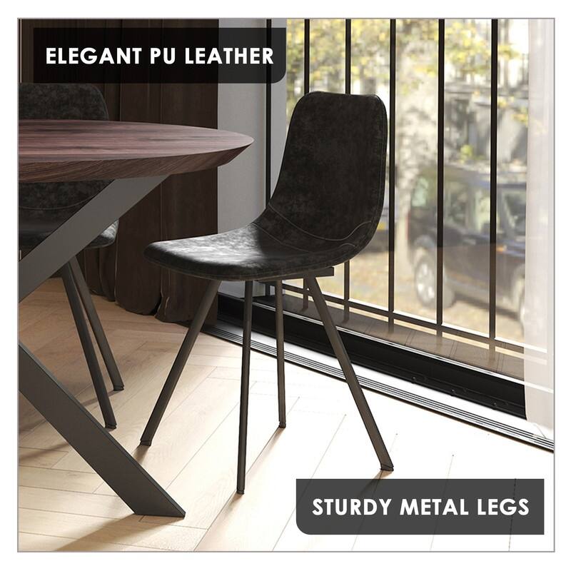 Markley Dining Chair with Leather Seat in Black Steel Legs, Scratch-Resistant, Ergonomic & Comfortable Modern Kitchen Chair