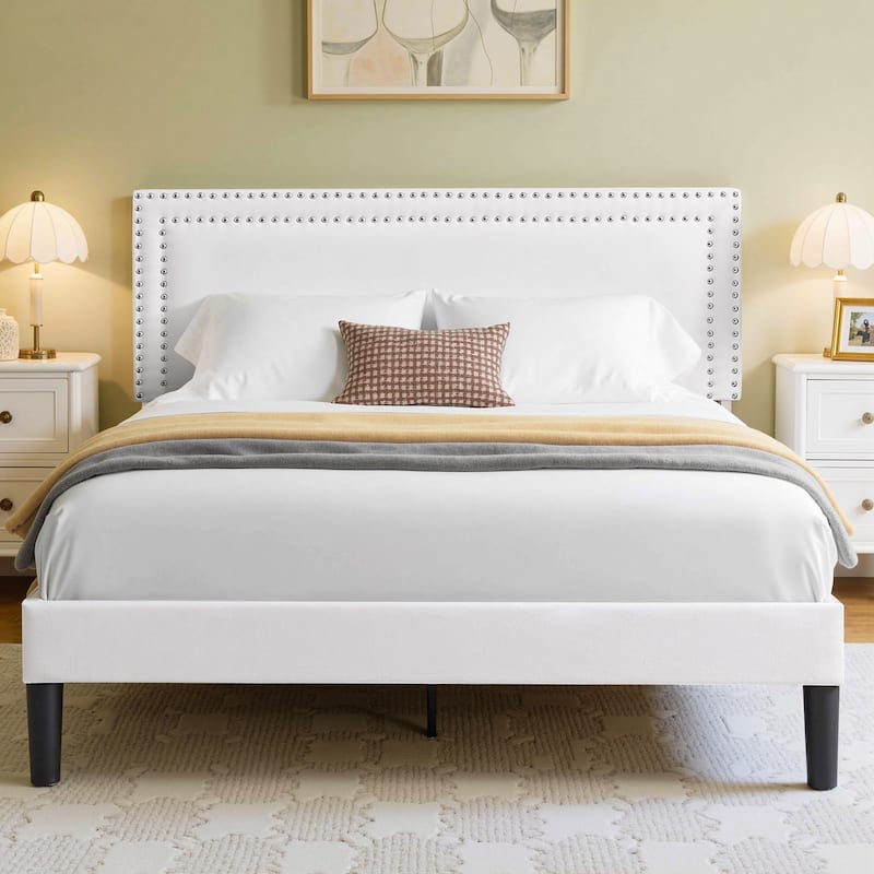 VECELO Upholstered Bed Frames with Height Adjustable Headboard - White - Full