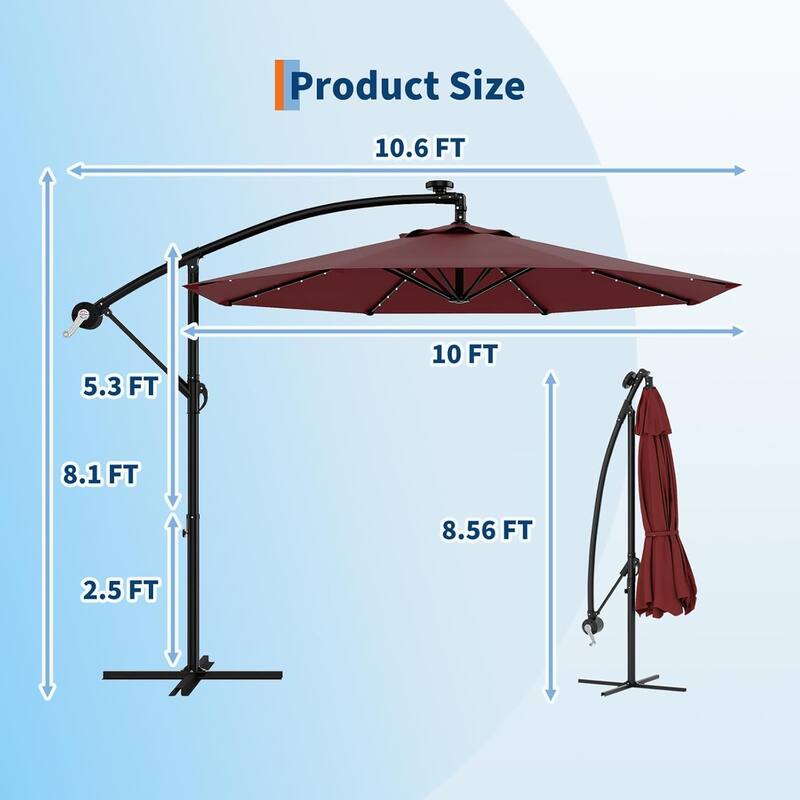 10ft Solar Lights Offset Patio Umbrella, Cantilever Umbrella with Easy Lift & Tilt Adjustment, 8 Ribs Sun Umbrella UV